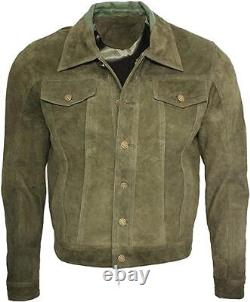 Men's Trucker Western Leather Suede Green Vintage Denim MotoBiker Fashion Jacket
