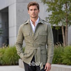 Men's Vintage Style Olive Green Stripe Linen Belted Safari Field Utility Shacket
