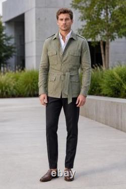 Men's Vintage Style Olive Green Stripe Linen Belted Safari Field Utility Shacket