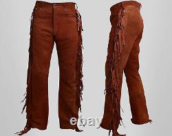 Men's Western Cowboy Brown Leather Suede Native American Buckskin Fringed Pants