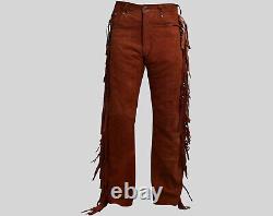 Men's Western Cowboy Brown Leather Suede Native American Buckskin Fringed Pants