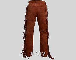 Men's Western Cowboy Brown Leather Suede Native American Buckskin Fringed Pants