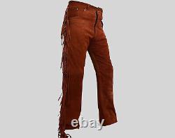 Men's Western Cowboy Brown Leather Suede Native American Buckskin Fringed Pants