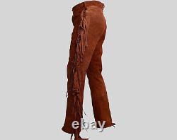 Men's Western Cowboy Brown Leather Suede Native American Buckskin Fringed Pants