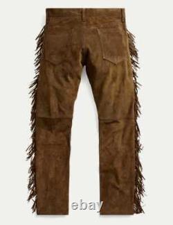 Men's Western Cowboy Leather Suede Brown Native American Buckskin Fringed Pants