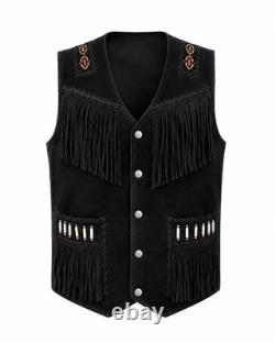 Men's Western Cowboy Suede Fringe Vest Native Beadwork Press Studs