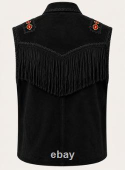 Men's Western Cowboy Suede Fringe Vest Native Beadwork Press Studs