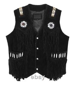 Men's Western Cowboy Suede Leather Vest Native American Beaded Fringed Waistcoat