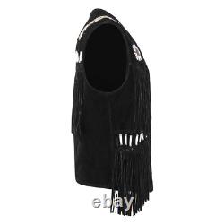 Men's Western Cowboy Suede Leather Vest Native American Beaded Fringed Waistcoat