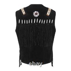 Men's Western Cowboy Suede Leather Vest Native American Beaded Fringed Waistcoat