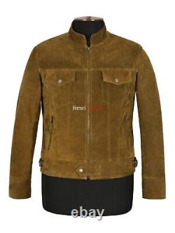 Men's Western Leather Jacket Khaki Green Suede Classic 60's Biker Fashion Jacket