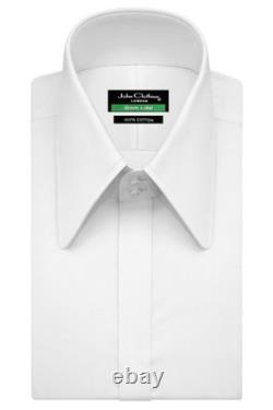 Men's White 100% Cotton Office Shirt Hidden Placket High Long Round Point Collar