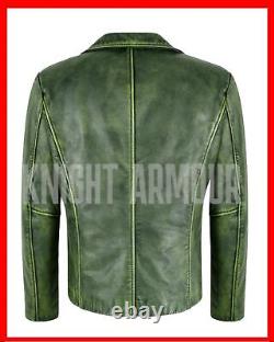 Mens 70's Green Vintage Classic Collared Blazer Real Cowhide Leather Jacket