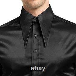 Mens Black Glossy Satin Shirt Spear, Extra Long Point & High Extreme Long Collar