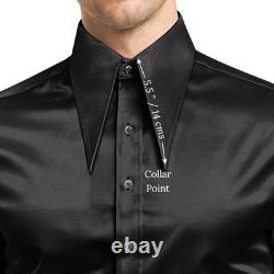 Mens Black Glossy Satin Shirt Spear, Extra Long Point & High Extreme Long Collar