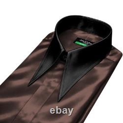 Mens Brown Satin Shirt Extra Long Pointed Spear Collar 70s Dagger Gangster Style