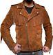 Mens Cowhide Genuine Leather Biker Vintage Cafe Racer Cowboy Suede Fringe Jacket