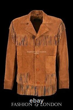 Mens Fringes Leather Jacket Tan Suede Classic Casual Fashion Western Style Top