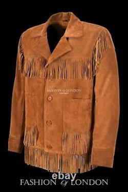 Mens Fringes Leather Jacket Tan Suede Classic Casual Fashion Western Style Top