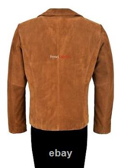 Mens Leather Jacket Tan Suede Classic Collared Blazer Casual 70's Fashion Style