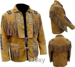 Mens Native American Cowboy Leather Brown Western Suede Fringe & Beads Jacket