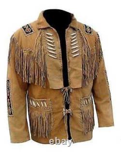 Mens Native American Cowboy Leather Brown Western Suede Fringe & Beads Jacket