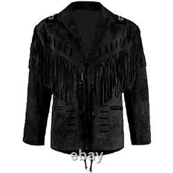 Mens Native American Cowboy Leather Western Suede Fringe & Beads Hunter Jacket