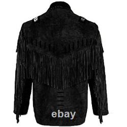 Mens Native American Cowboy Leather Western Suede Fringe & Beads Hunter Jacket