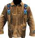 Mens Native American Leather Jacket Western Suede Cowboy Fringe & Beads Jacket