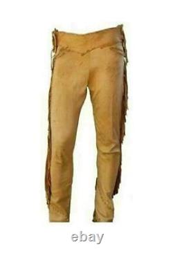 Mens Native American Western Cowboy Brown Leather Suede Handmade Fringe Pants