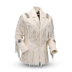 Mens Native American Western Cowboy Leather Jacket with Fringed & Beads Art Work