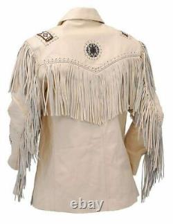Mens Native American Western Cowboy Leather Jacket with Fringed & Beads Art Work