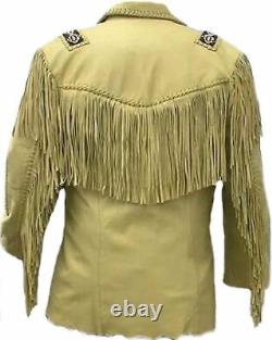 Mens Native American Western Cowboy Real Suede Leather Jacket Fringe & Beaded