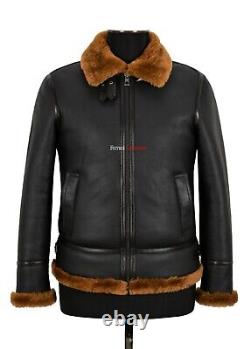 Mens Sheepskin Fur Jacket B3 Black Dark Ginger Shearling Fur RAF Aviator Jacket