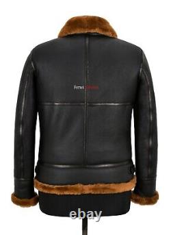 Mens Sheepskin Fur Jacket B3 Black Dark Ginger Shearling Fur RAF Aviator Jacket