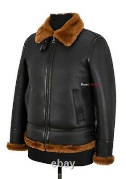 Mens Sheepskin Fur Jacket B3 Black Dark Ginger Shearling Fur RAF Aviator Jacket