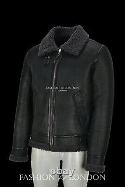 Mens Sheepskin Fur Jacket Black Grey Fur 100% Real Shearling Aviator Jacket Tops