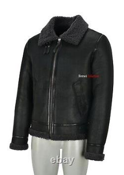 Mens Sheepskin Fur Jacket Black Grey Fur 100% Real Sheepskin Aviator Pilot Tops