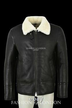 Mens Sheepskin Fur Jacket Black Ivory Fur 100% Real Shearling Aviator Pilot RAF