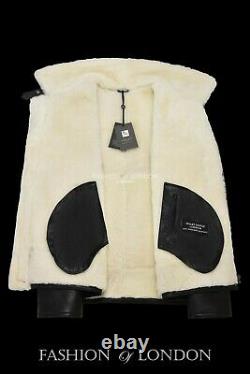 Mens Sheepskin Fur Jacket Black Ivory Fur 100% Real Shearling Aviator Pilot RAF