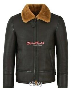 Mens Sheepskin Fur Jacket Brown Ginger Fur 100% Real Shearling Aviator Pilot RAF