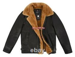 Mens Sheepskin Fur Jacket Brown Ginger Fur 100% Real Shearling Aviator Pilot RAF