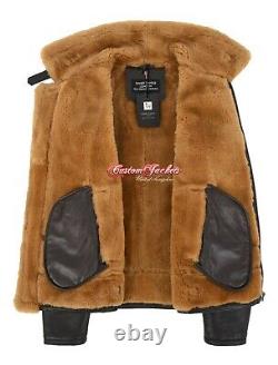 Mens Sheepskin Fur Jacket Brown Ginger Fur 100% Real Shearling Aviator Pilot RAF