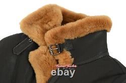 Mens Sheepskin Fur Jacket Brown Ginger Fur 100% Real Shearling Aviator Pilot RAF