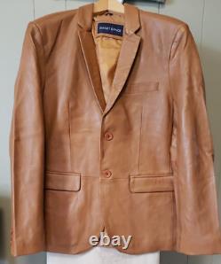 Mens Smart Range Leather Jacket, Brown Tan, Button Up, Lined Size Small