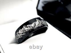 Mens Wedding Bands, Mountains Range Engraved Black Hammered Brushed Tungsten Car