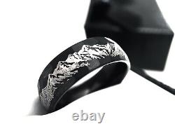 Mens Wedding Bands, Mountains Range Engraved Black Hammered Brushed Tungsten Car