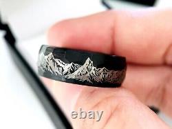 Mens Wedding Bands, Mountains Range Engraved Black Hammered Brushed Tungsten Car