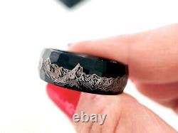 Mens Wedding Bands, Mountains Range Engraved Black Hammered Brushed Tungsten Car