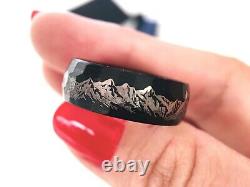 Mens Wedding Bands, Mountains Range Engraved Black Hammered Brushed Tungsten Car